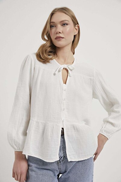 Arma Life Armalife 0437 tie detail sleeve elastic buttoned muslin women's blouse