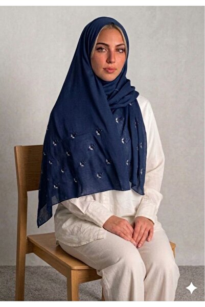 Veil Designer طرحه كحلي بوال طبقتين بتطريز علي الطرفين فل منثورة قماش ياباني ...