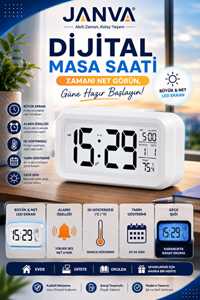 Janva Karanlık Sensörlü Dijital Masa Saati Fotoselli Alarmlı Termometreli Der...