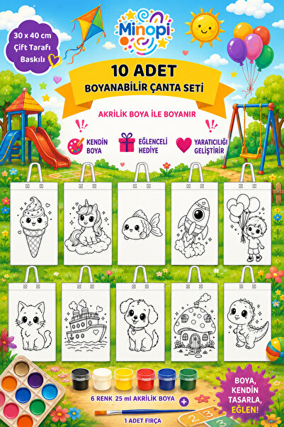Minopi 10 Adet Boyanabilir Bez Çanta Seti 30x40 cm – 6 Renk Akrilik Boya ve F...