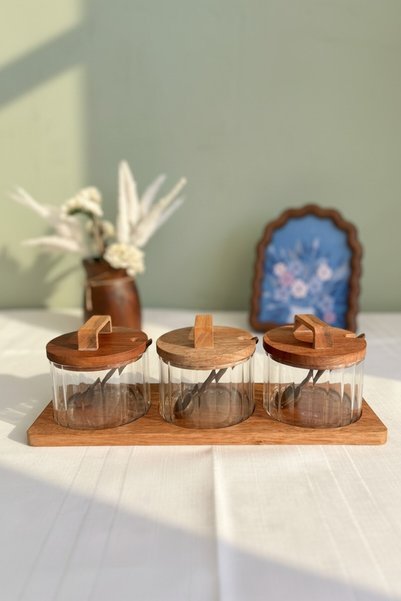 Luca Mia Avora Luxury 3-Piece Round Glass Spice Set with Acacia Stand (3 X 450 ml)