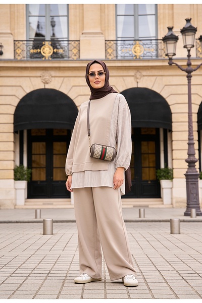 ASEL FASHİON طقم ملابس نسائية محتشمة، طقم مكون من قطعتين، قميص بيج
