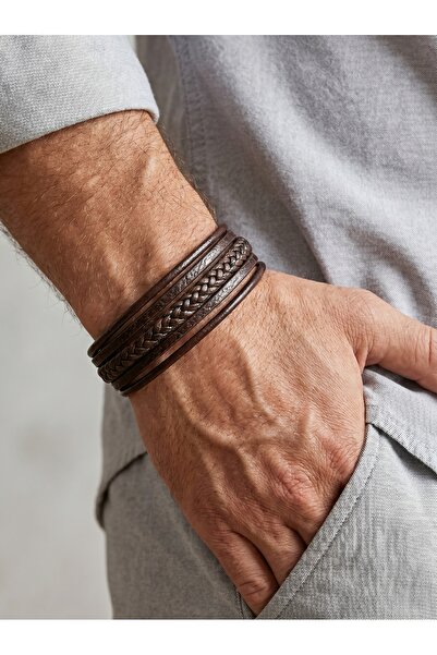 Parmas Design Multi Leather Men's Braided Detail Steel Lock Gift Bracelet 01840