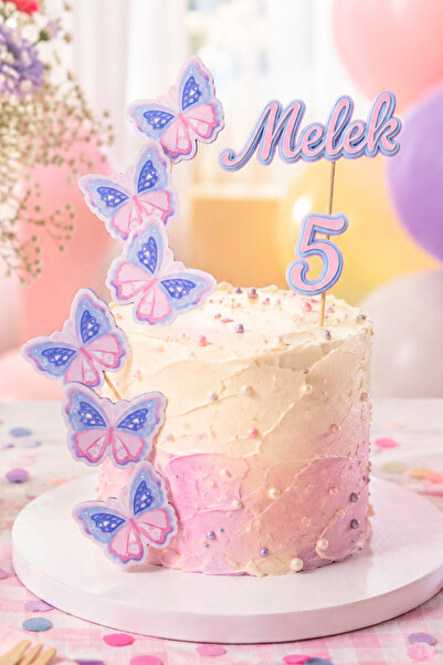 Kelebek Temalı Kız Çocuk Doğum Günü İsme Özel 3D Çubuklu Pasta Cupcake Süsü Seti