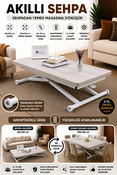 SEHPAM AKILLI Akıllı Sehpa Home Üst Tabla Mdf Lizbon Alt Mekanizma Beyaz Renk