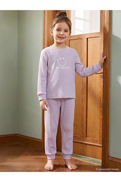 Minidamla Gülen Yüz Baskılı 1-7 Yaş Pijama Takımı - Lila