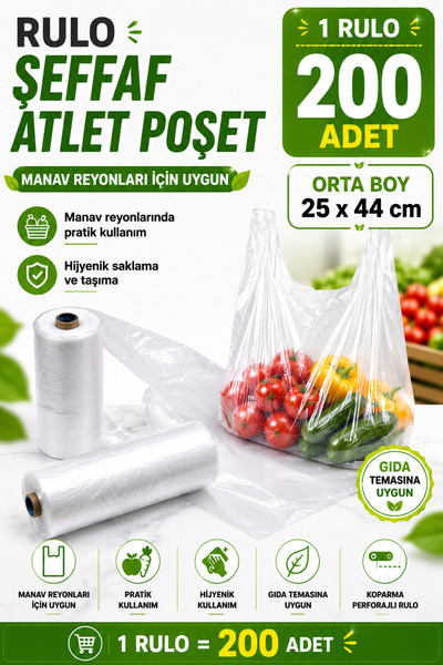 YOK YOK AMBALAJ Rulo Şeffaf Atlet Market Manav Poşet Orta Boy 200'lü 25x44cm