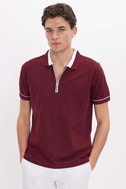 Tudors Erkek Slim Fit Dar Kesim %100 Pamuk Düz Pike Fermuarlı Bordo Polo Yaka...