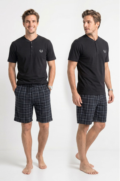 Kompedan Erkek % 100 Pamuk Düğmeli Yaka Altı Ekoseli Cepli Şortlu Pijama Takı...