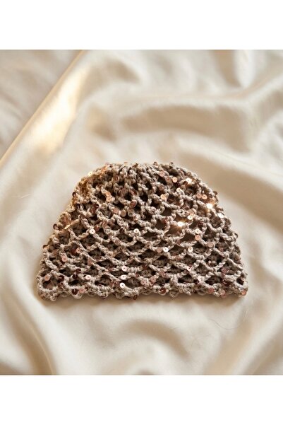 Generic Brand Sequin Beige Color Mesh Knitted Bandana – Stylish Bohemian Summer Beanie