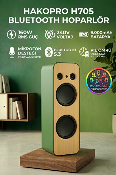 hakopro 160W Ekstra Bass 9000 mAh Mikrofonlu Yeşil Deri Hoparlör H705Y