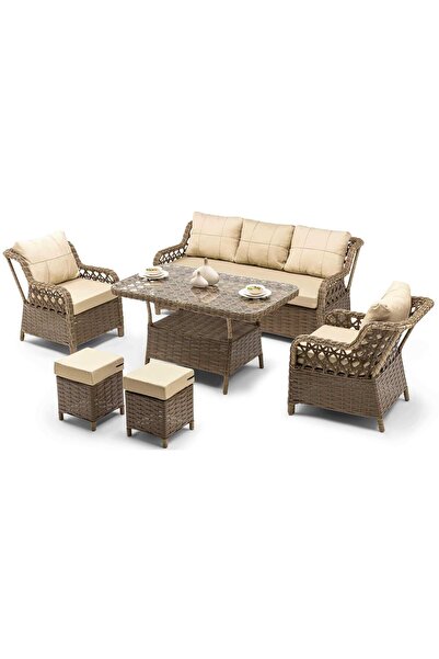Hier Zen Rattan Puflu Bahçe Balkon Takımı 3+1+1