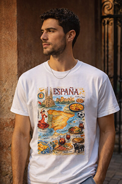 VMGA İspanya Harita Kolaj Baskılı Beyaz Unisex Pamuk T-Shirt