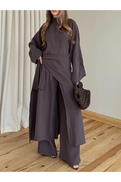 HerTon Women's Belted Kimono Tunic and Wide-Leg Pants 3-Piece Hijab Set