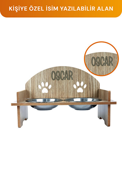 GOBYPET Ahşap Özel İsim Baskılı, Oval Kedi Köpek Mama Su Kabı Standı, Metal Suluk, Kedi Köpek Halısı