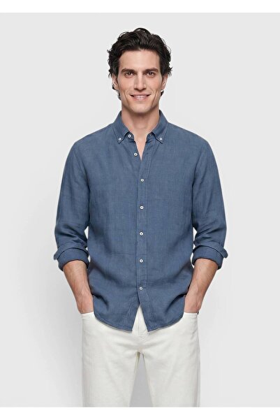 Ramsey Petrol Düz Casual Fit Uzun Dokuma Casual %100 Keten Gömlek