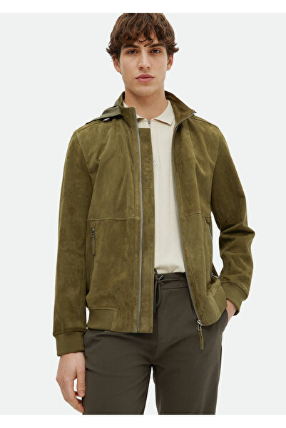 Ramsey Haki Regular Fit Dik Yaka Casual Süet Deri Mont