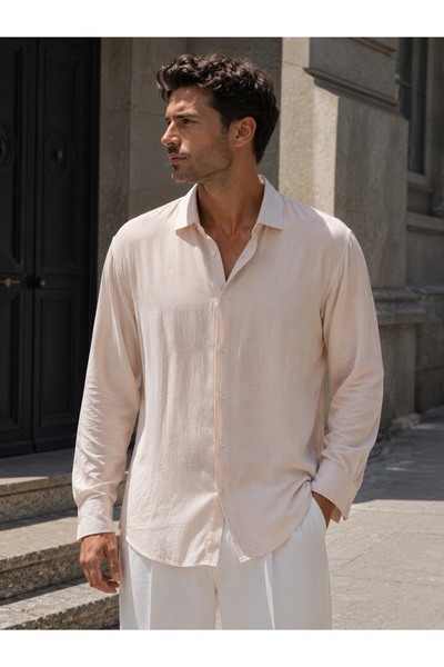 EMPEROR APPAREL Erkek Açık Bej Uzun Kollu Yarı Oversize Modal Gömlek