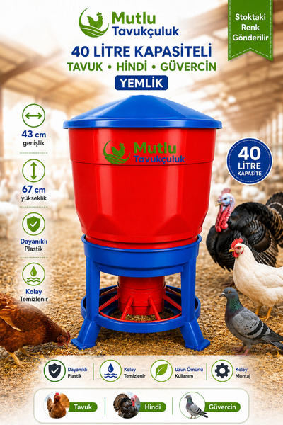MUTLU TAVUKÇULUK Tavuk Güvercin Hindi Yemliği 40 Litre Kova Kapasiteli Plasti...
