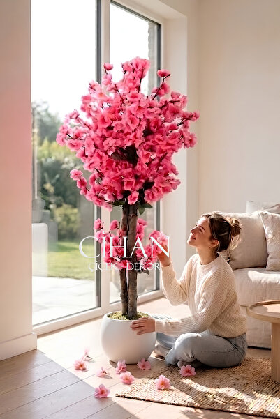 Cihan Çiçekçilik Yapay Pembe Japon Bahar Dalı Ağacı 100 cm Beyaz 27*33 Küre S...