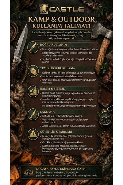 LAZBİSA 2 Li Outdoor Balta Bıçak Seti Kamp Baltası Bıçak Şef Bıçağı Nacak Ahşap Sap Blt3