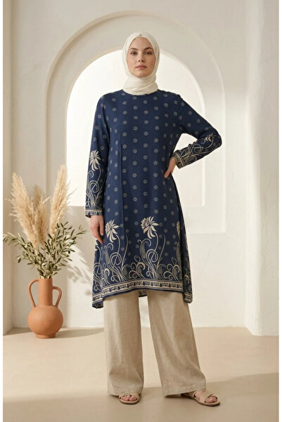sefamerve Viscose Fabric Patterned Tunic 1016-04 Indigo