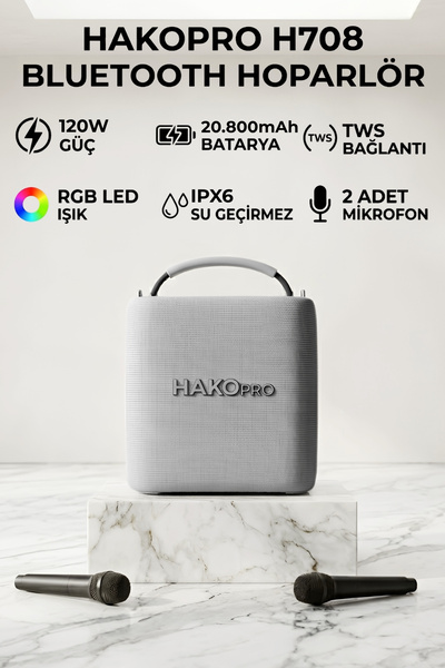 hakopro 120W 20800 mAh Rgb Ledli Mikrofonlu Gri Hoparlör Ipx6 H708GR