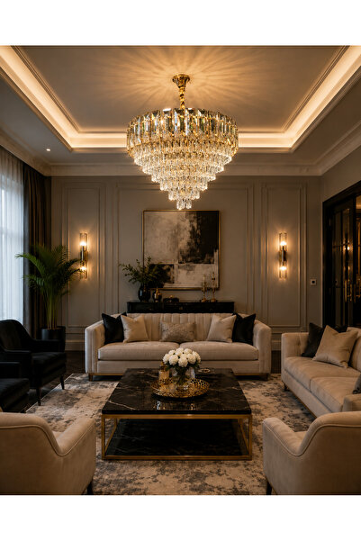 Led 60 CM KRİSTAL LÜX SALON AVİZESİ GOLD İTHAL KASA