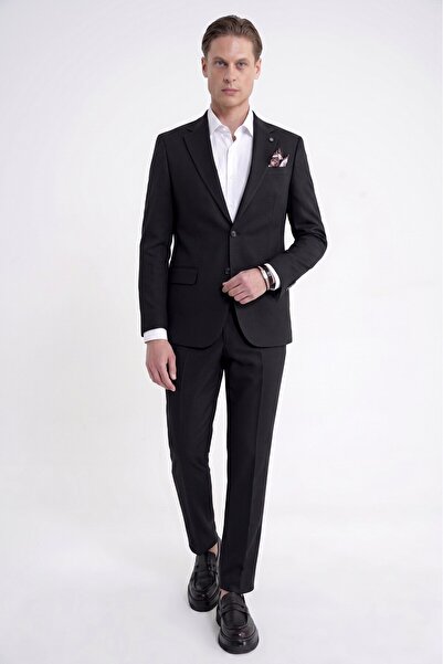 Efor Slim Fit Mono Collar 97% Tencel Fabric Double Slit Flexible Black Suit T...