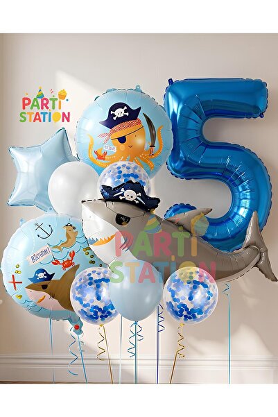 Parti Station Korsan Köpek Balığı Konsept 5 Yaş Balon Set Korsan Shark Tema D...