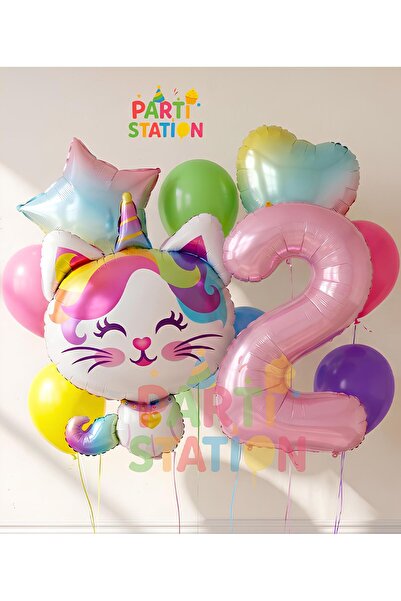 Parti Station Unicorn Kedi Kitty Konsept 2 Yaş Doğum Günü Parti Balon Set Sev...