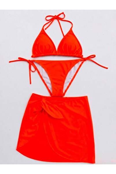 VAJESTO Women's Neon Orange 3-Piece Triangle Bikini Set with Halter Neck, Dra...