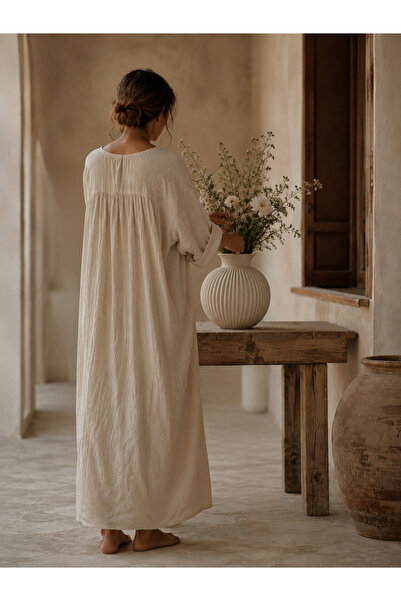 Lui Tasarım Cream-Colored Striped High-Necked Nordic-Style Bohemian Elegant C...