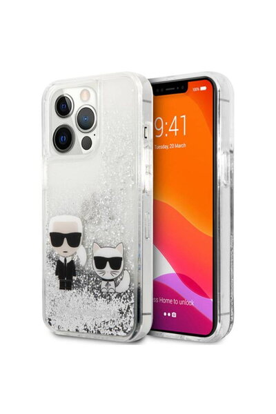 Karl Lagerfeld Liquid Glitter Karl&Choupette iPhone 13 Pro Case Silver