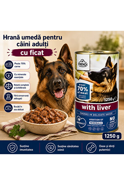 FRENDİ Dog cu ficat, hrana umeda pentru caini, conserva 1250 g