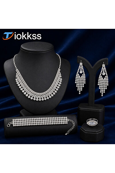 Tiokkss 5-Piece Silver Rhinestone Jewelry Set, Crystal Look Necklace Earrings...