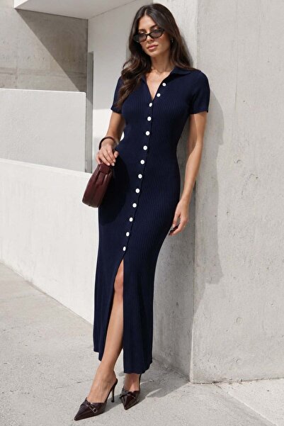 Madmext Navy Blue Buttoned V-Neck Long Knitwear Dress Mg2078