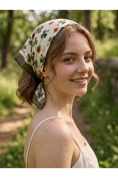 TREND DOKUNUŞ 50-50 SATEN KADIN DÖRT YAPRAKLI YONCA DESENLİ FULAR BANDANA