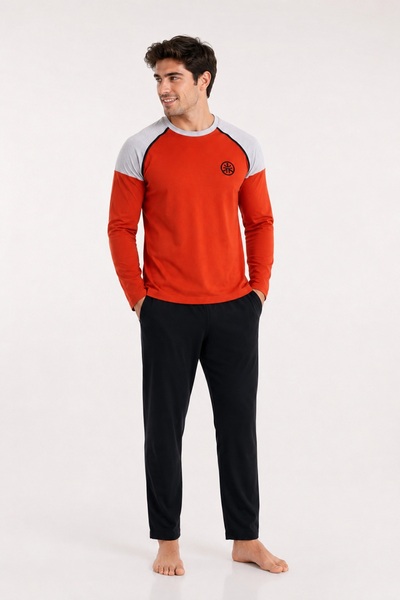 CottonVia Men's Long Sleeve Pajama Set, 100% Cotton, 30/1 Seasonal Combed Cot...