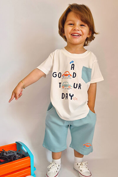 Breeze Boy's Shorts Set with Car Print and Pocket Detail, Ages 1.5-5, Ecru