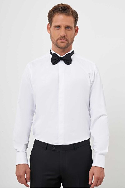 Morven Men's White Cuffed Plain Pattern Atak Collar Slim Fit Shirt