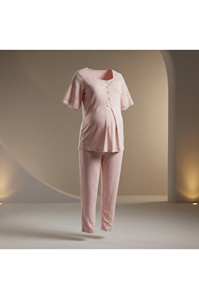 Lady Lingerie طقم بيجامة للحوامل من قطعتين - بلوزة بأكمام قصيرة وبنطلون بخصر ...
