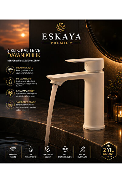 ESHOME AeroLux Premium Sıcak Soğuk Sabit Gövdeli Banyo Lavabo Bataryası Beyaz...