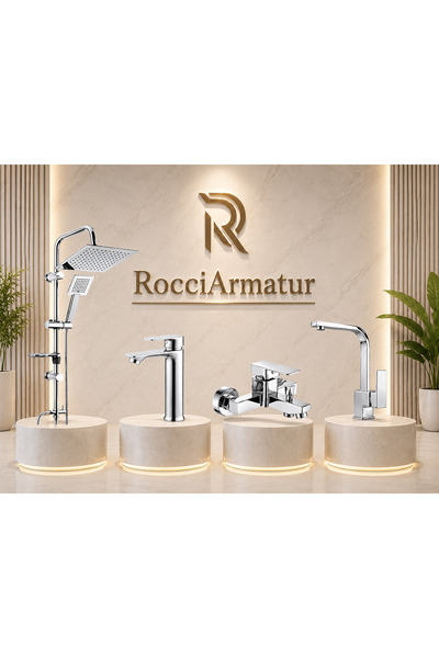 RocciArmatur 4’lü Batarya Seti Krom Pirinç Kare Banyo Sabit Lavabo Mutfak Evi...