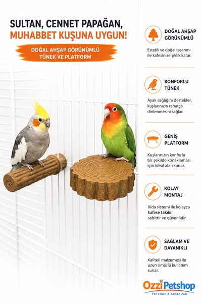 ozzipetshop Kuş Tüneği ve Platform Seti Doğal Ahşap Görünümlü Bakteri Tutmaz ...