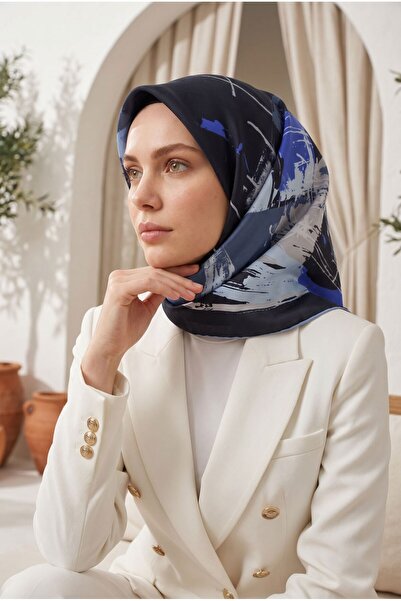 Vissona %100 Twill İpek Geometrik Desenli Lacivert - Bebe Mavisi Renkli 90x90...