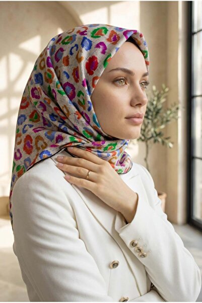 Vissona %100 Twill İpek Renkli Leopari Desenli Turuncu - Saks Renkli 90x90 Eş...