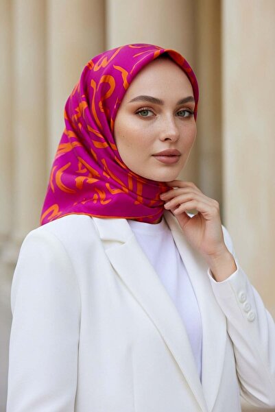 Vissona % 57 İPEK % 43 VİSKON Twill İpek Büyük Çiçek Desenli Fuşya - Turuncu ...