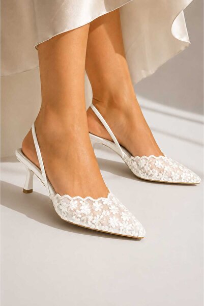 NiceDiffer Women's Lace Detailed Pointed Toe Open Back 7cm Thin Heeled Evenin...