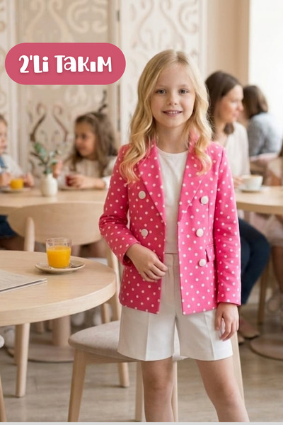 Hilal Akıncı Kids Girl's Polka Dot Patterned Blazer Jacket and White Shorts Set
